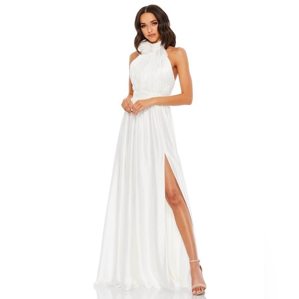 Mac Duggal White Halter Neck Evening Gown with Side Slit